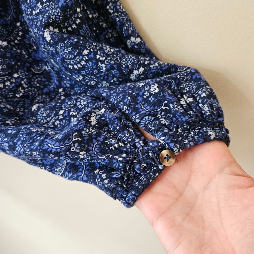 Lucky Brand Women's Peasant Top, Size L Floral Tassel Boho Blue Cottage - Picture 7 of 7